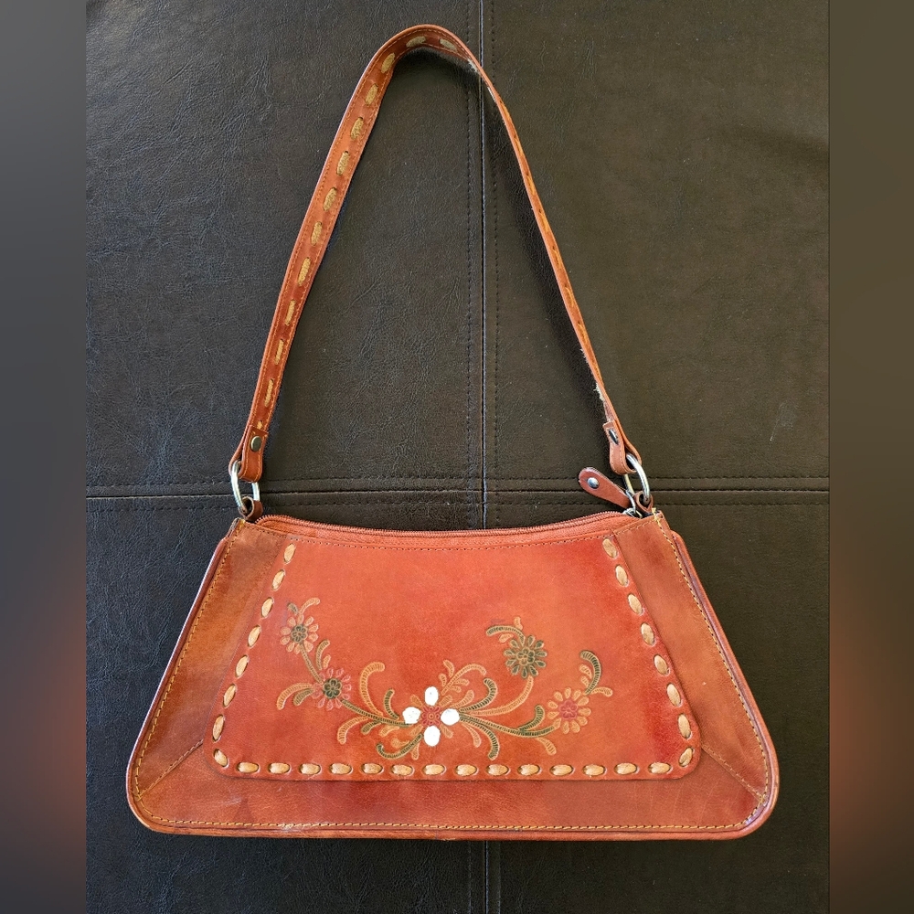 Vintage Embroidered Tan Leather Shoulder Bag